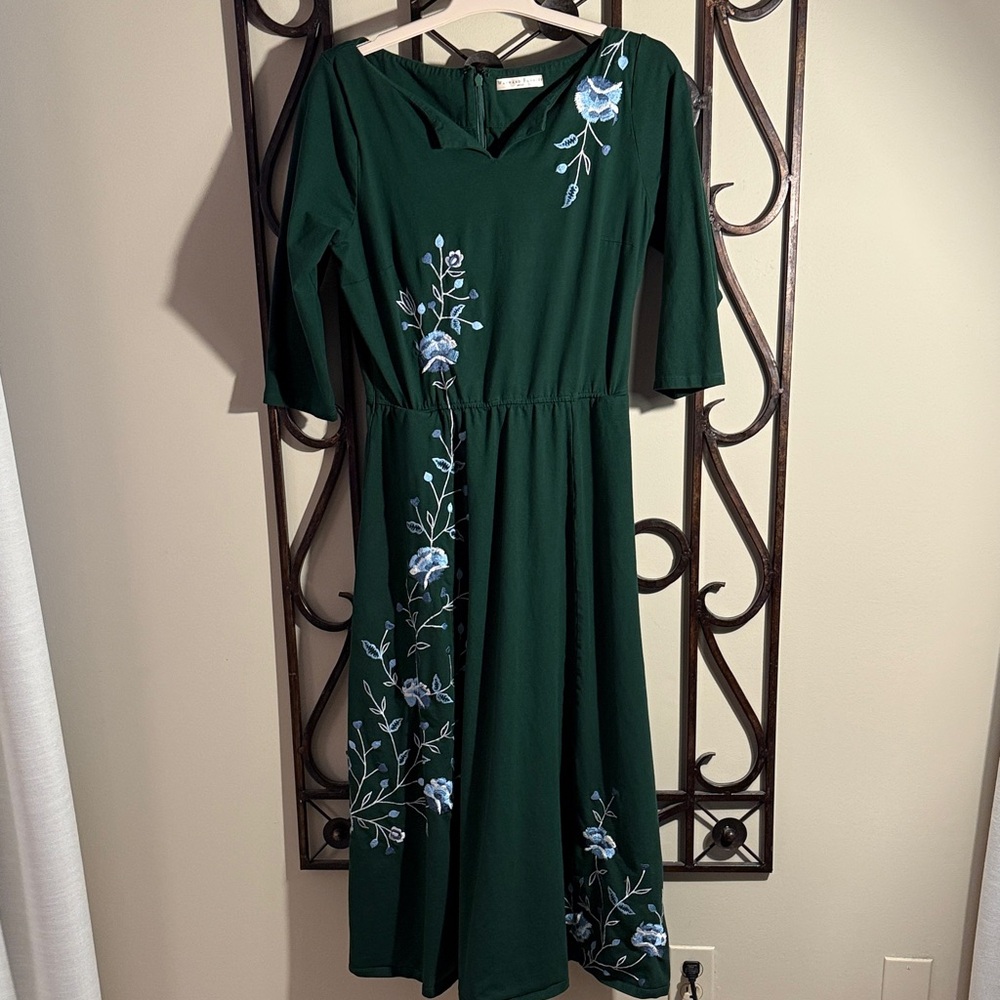 Dark Green Dress with Blue Floral Design - with Pockets
